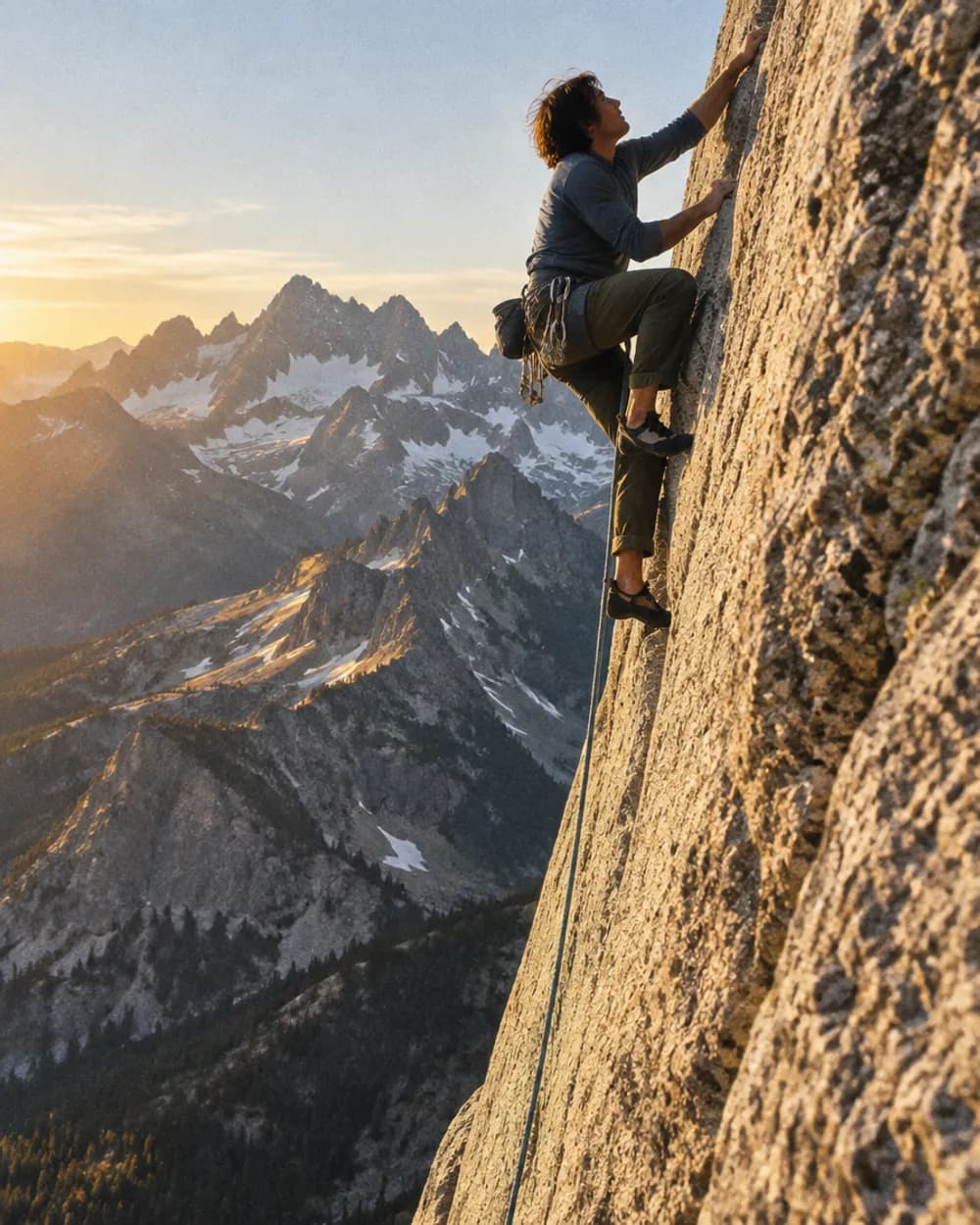 A climber on a sunlit granite face