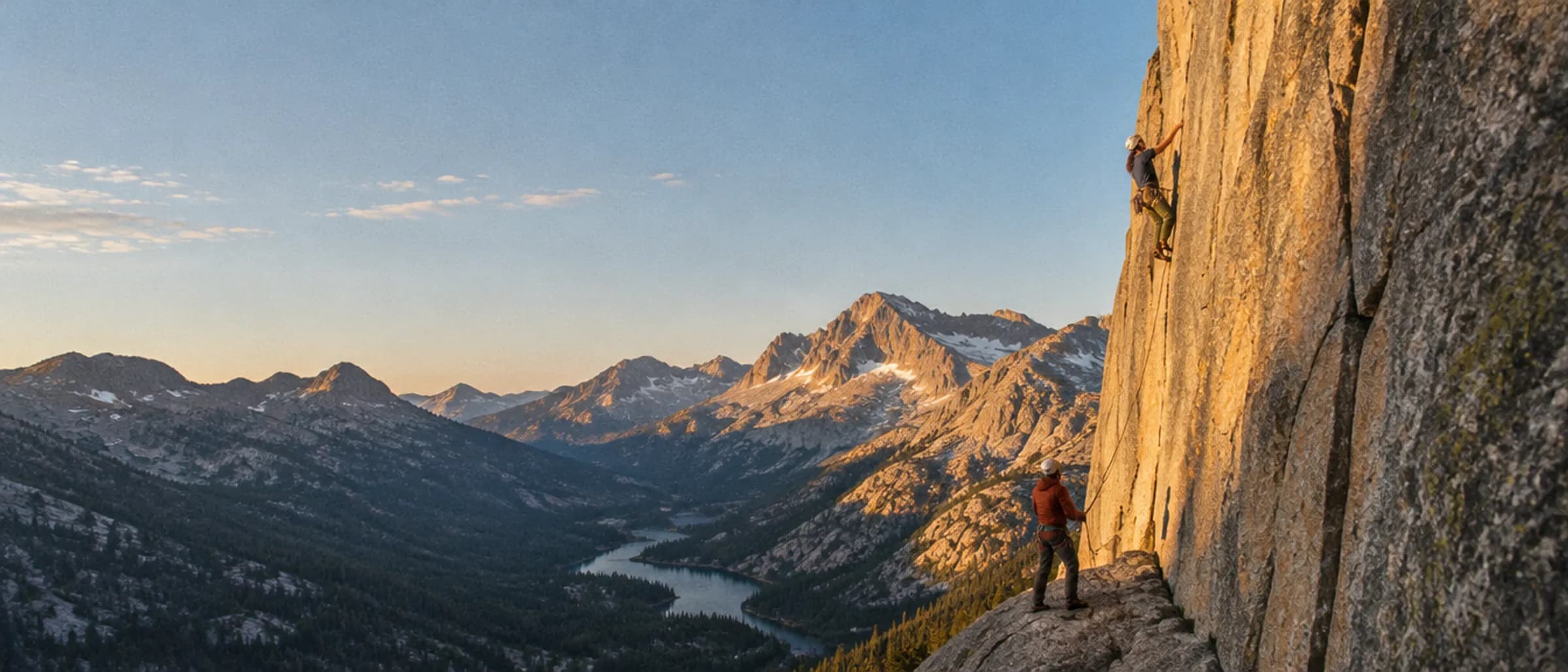 A climber leading a sunlit granite wall above an alpine valley